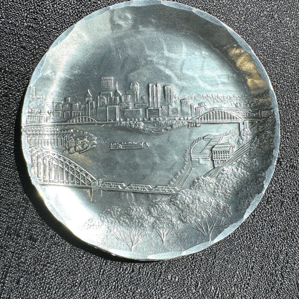 Wendell August Forged Metal Trinket Jewelry Coin Tray Pittsburgh Skyline 4.5"
